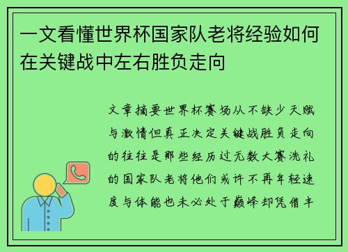 一文看懂世界杯国家队老将经验如何在关键战中左右胜负走向 一文看懂世界杯国家队老将经验如何在关键战中左右胜负走向